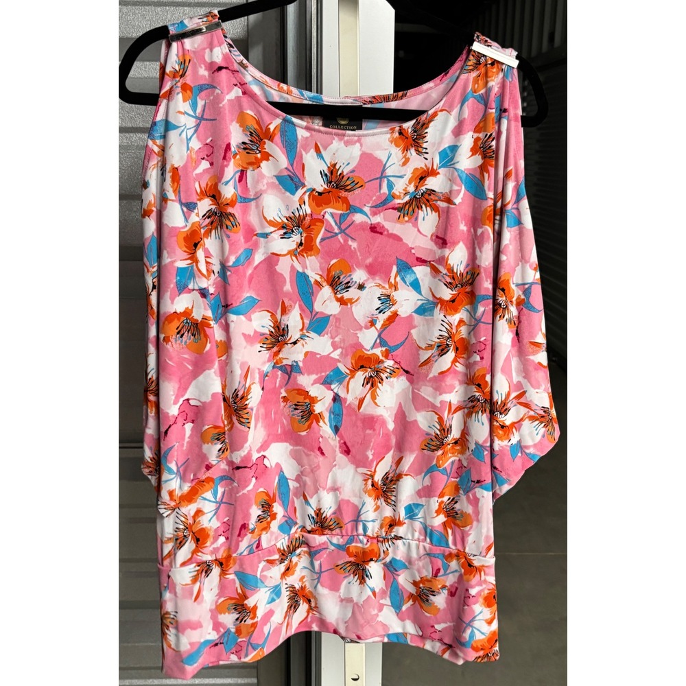 JM Collection Womens 2X Pink Floral Cold Shoulder Blouse Short Sleeve Top
